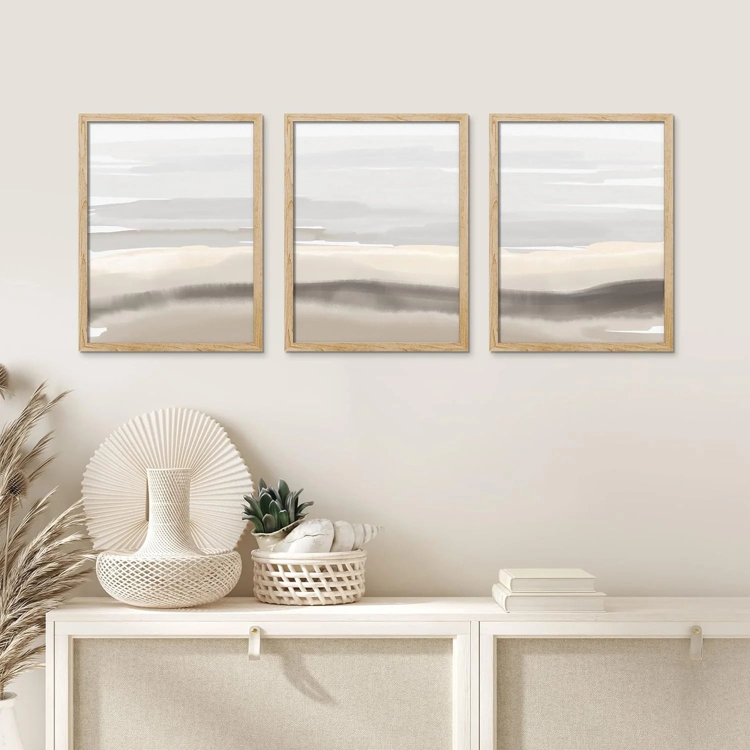 Framed Canvas Print Wall Art Set - Pastel Watercolor Gray Paint Strokes Art - Set of 3 Pop Art Abstract Illustrations Print Minimalism Wall Décor - 12"X16"X3 Panels Natural