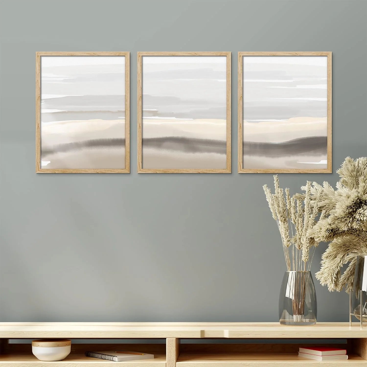 Framed Canvas Print Wall Art Set - Pastel Watercolor Gray Paint Strokes Art - Set of 3 Pop Art Abstract Illustrations Print Minimalism Wall Décor - 12"X16"X3 Panels Natural